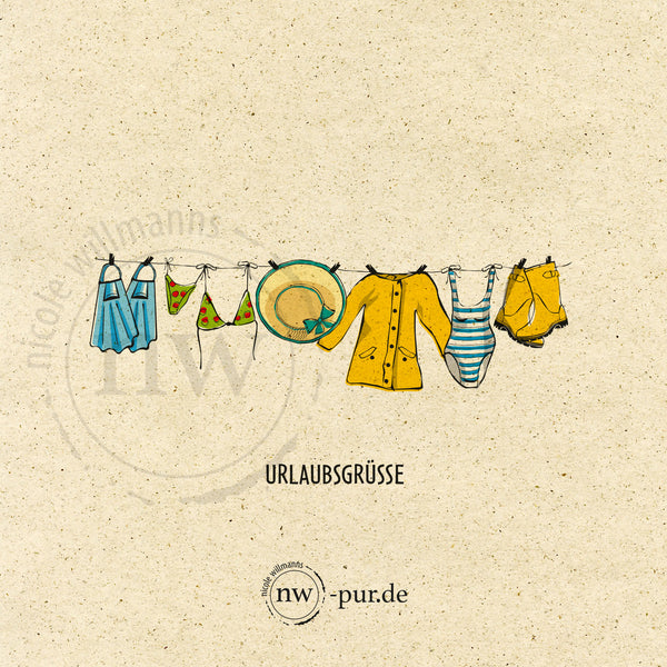 Postkarte "Urlaubsgrüsse", Wäscheleine