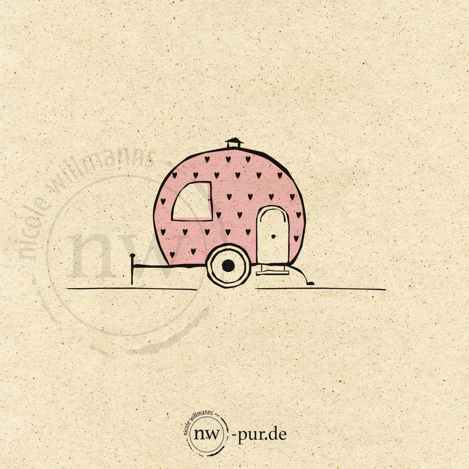 Postkarte Wohnwagen, rosa mit Herzchen
